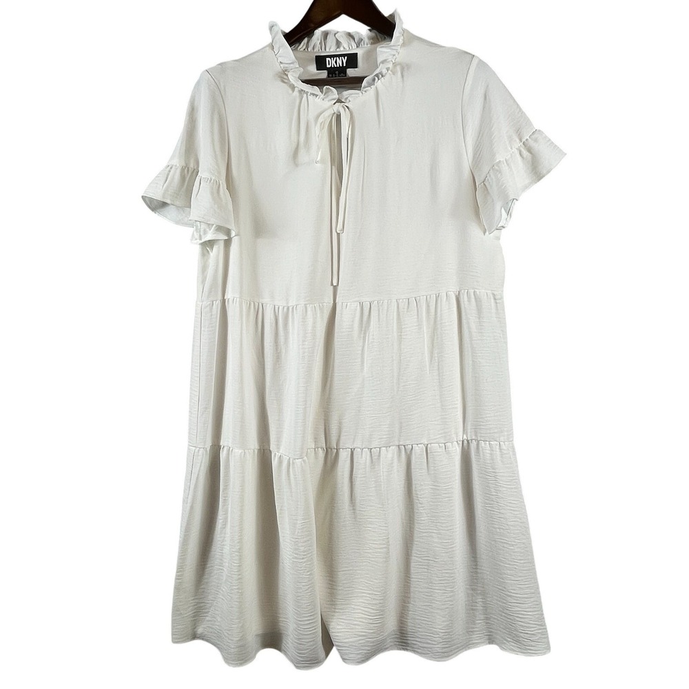 DKNY Women's Short Sleeve Midi Shirt Dress, size 10 Navy White Polka Dots